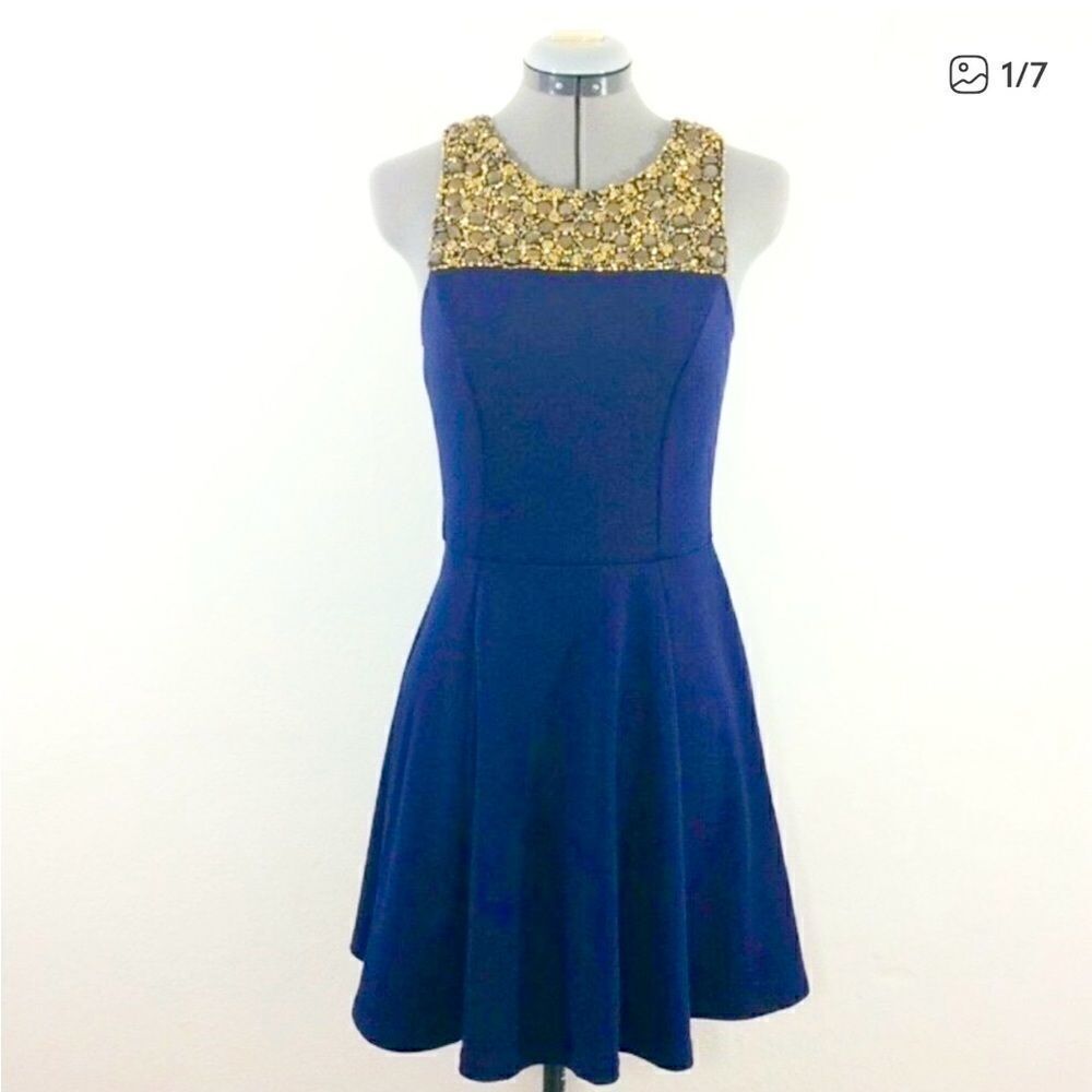 Eight Sixty Navy A Line Dress Gold Beaded Embellished Collar HOCO Dance Party